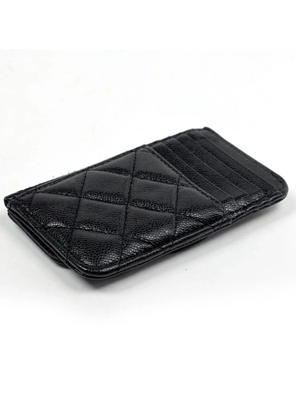 Chanel CC Logo Coin Purse Card Case Quilted Caviar Leather Black AP